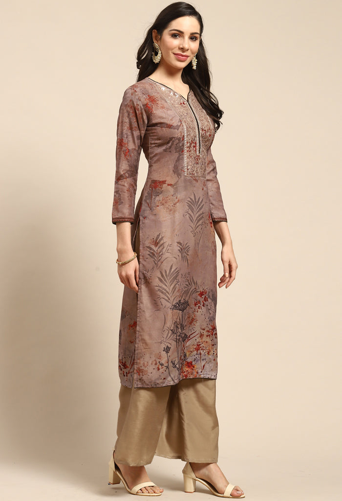 Brown Pure Muslin Embroidered Salwar Suit Material