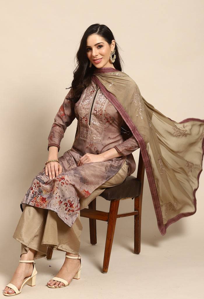 Brown Pure Muslin Embroidered Salwar Suit Material