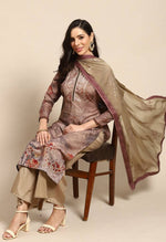 Load image into Gallery viewer, Brown Pure Muslin Embroidered Salwar Suit Material