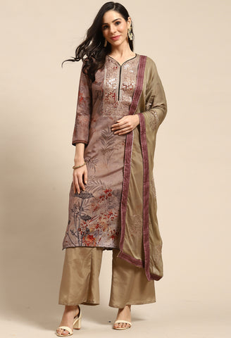 Brown Pure Muslin Embroidered Salwar Suit Material