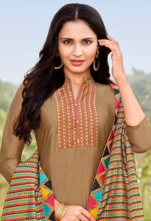 Brown Cotton Silk Embroidered Salwar Suit Material