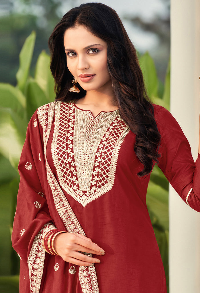 Maroon Cotton Silk Embroidered Salwar Suit Material