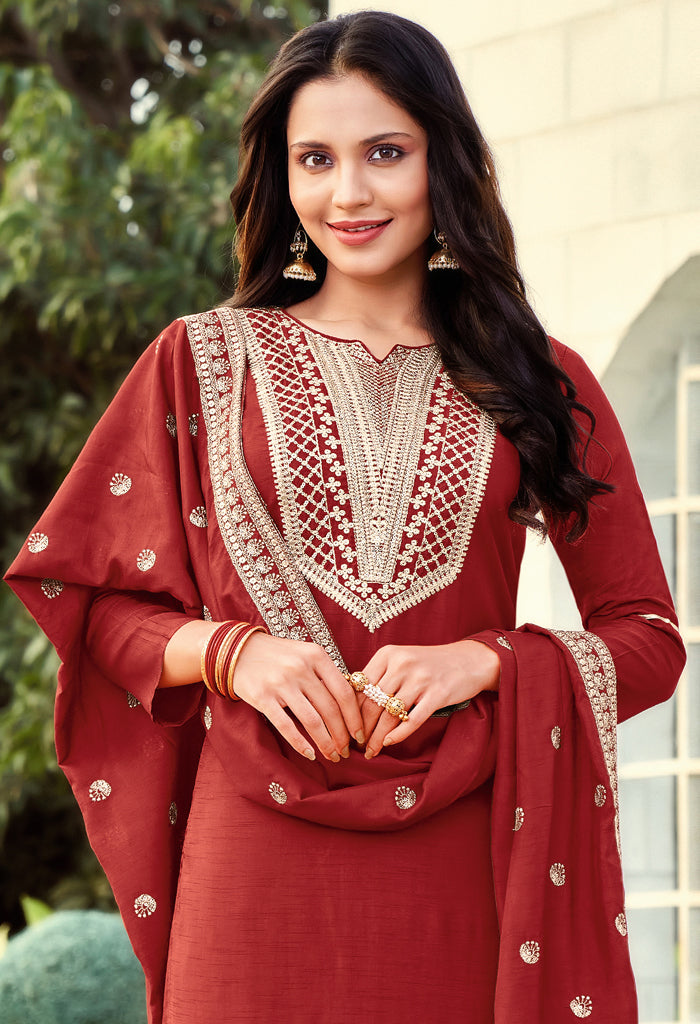 Maroon Cotton Silk Embroidered Salwar Suit Material