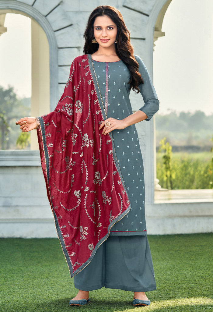 Grey Cotton Silk Embroidered Salwar Suit Material