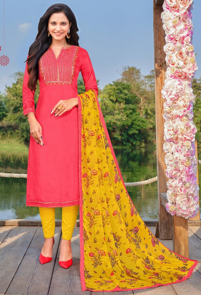 Pink Cotton Silk Embroidered Salwar Suit Material