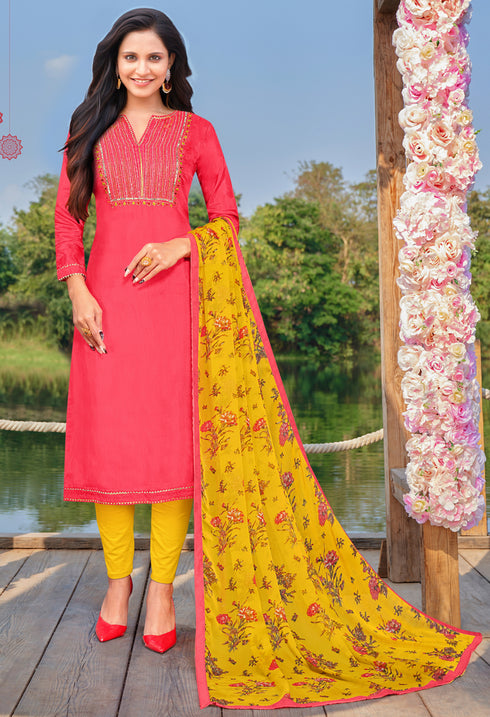 Pink Cotton Silk Embroidered Salwar Suit Material