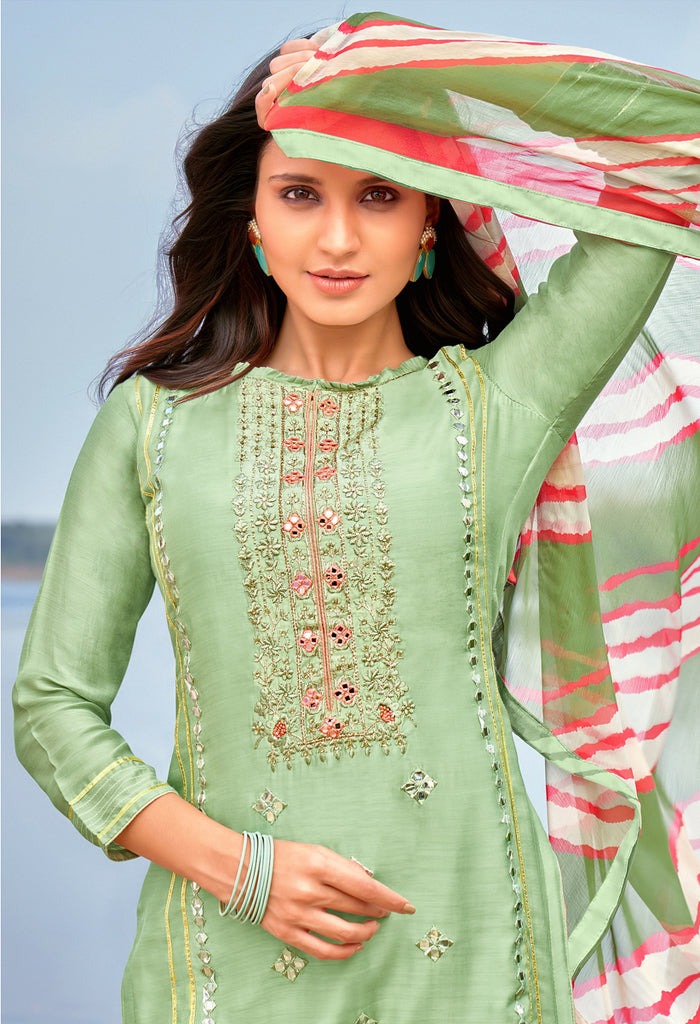 Light Green Cotton Silk Embroidered Salwar Suit Material