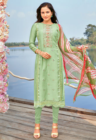 Light Green Cotton Silk Embroidered Salwar Suit Material