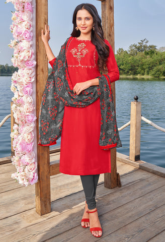 Red Cotton Silk Embroidered Salwar Suit Material