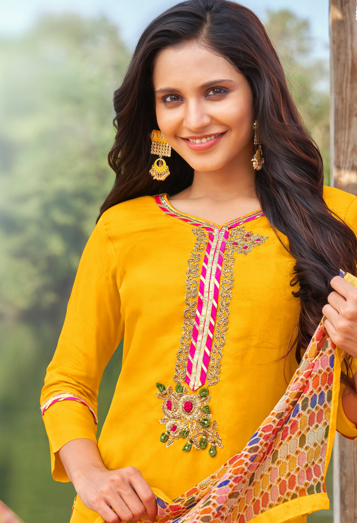 Yellow Cotton Silk Embroidered Salwar Suit Material