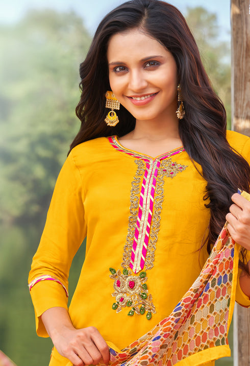 Yellow Cotton Silk Embroidered Salwar Suit Material