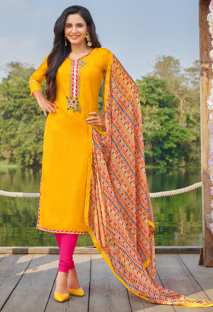 Yellow Cotton Silk Embroidered Salwar Suit Material