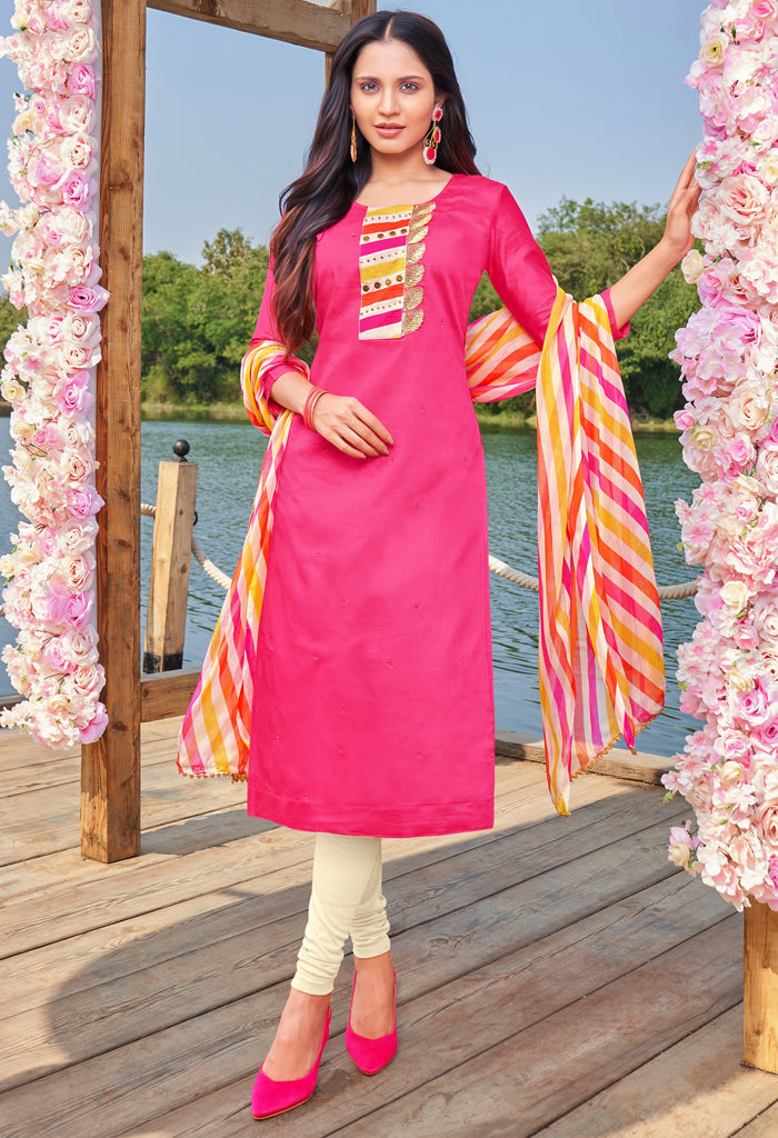 Pink Cotton Silk Embroidered Salwar Suit Material