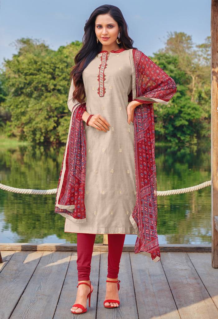 Beige Cotton Silk Embroidered Salwar Suit Material