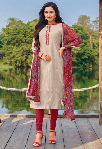 Beige Cotton Silk Embroidered Salwar Suit Material