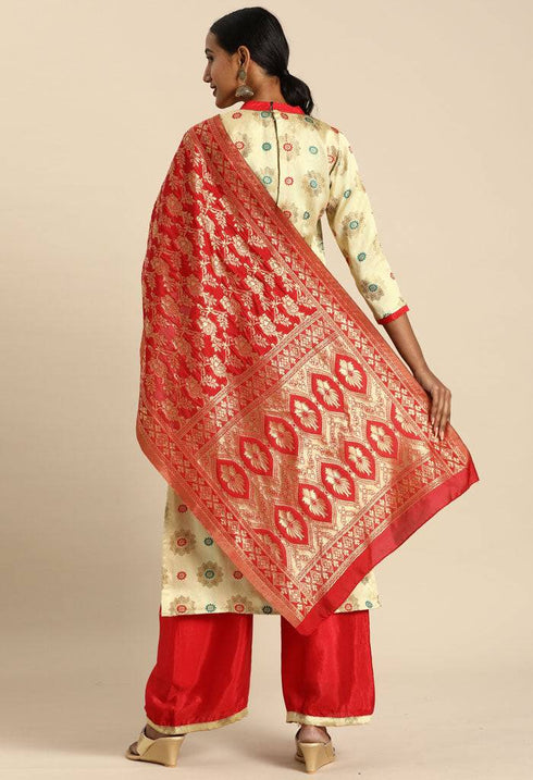 Beige Silk Blend Jaccquard Woven Salwar Suit Material