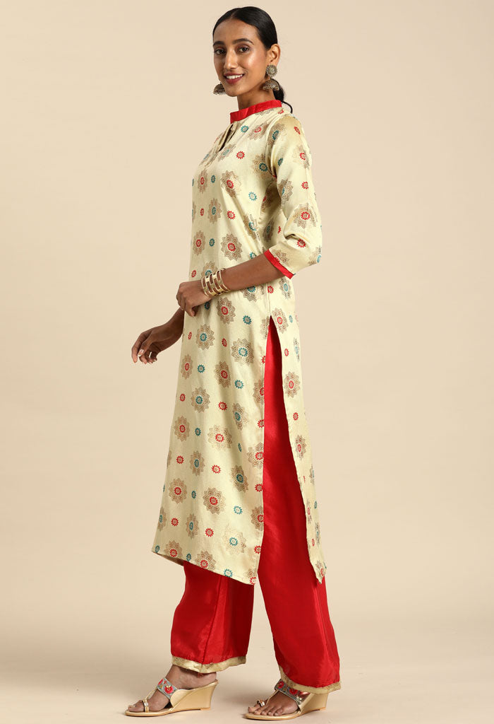 Beige Silk Blend Jaccquard Woven Salwar Suit Material