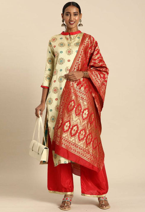 Beige Silk Blend Jaccquard Woven Salwar Suit Material