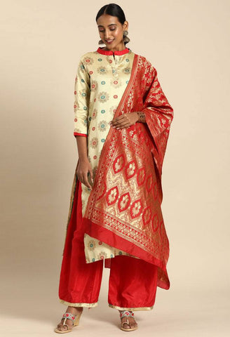 Beige Silk Blend Jaccquard Woven Salwar Suit Material