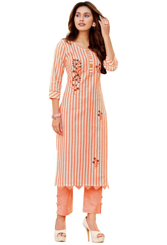 Orange And White Pure Cambric Cotton Embroidered Kurta With Pant