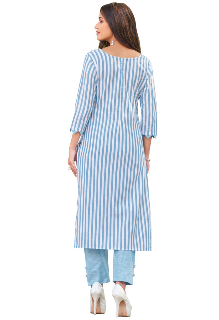 Light Blue And White Pure Cambric Cotton Embroidered Kurta With Pant