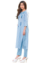 Load image into Gallery viewer, Light Blue And White Pure Cambric Cotton Embroidered Kurta With Pant