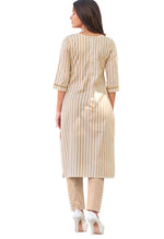 Load image into Gallery viewer, Beige And White Pure Cambric Cotton Embroidered Kurta With Pant - Rajnandini