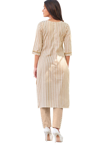 Beige And White Pure Cambric Cotton Embroidered Kurta With Pant