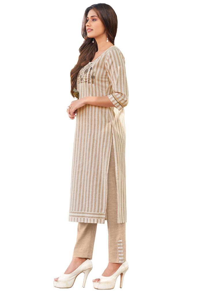 Beige And White Pure Cambric Cotton Embroidered Kurta With Pant - Rajnandini