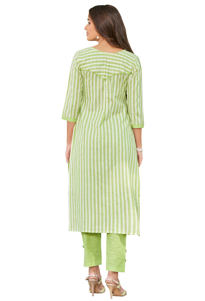 Green And White Pure Cambric Cotton Embroidered Kurta With Pant