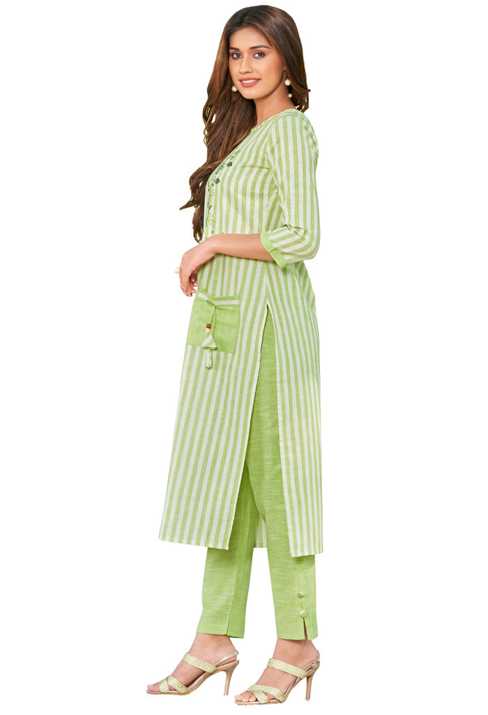 Green And White Pure Cambric Cotton Embroidered Kurta With Pant