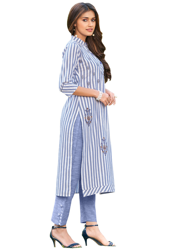 Blue And White Pure Cambric Cotton Embroidered Kurta With Pant
