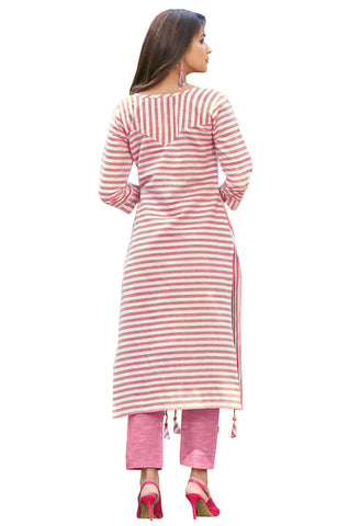 Pink And White Pure Cambric Cotton Embroidered Kurta With Pant