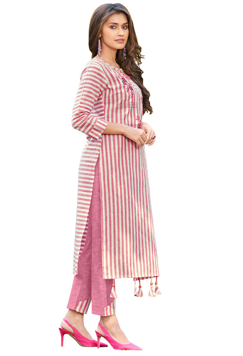 Pink And White Pure Cambric Cotton Embroidered Kurta With Pant