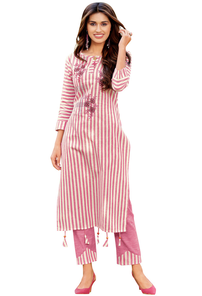 Pink And White Pure Cambric Cotton Embroidered Kurta With Pant
