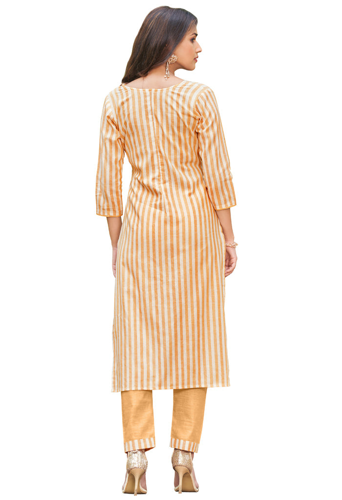Mustard And White Pure Cambric Cotton Embroidered Kurta With Pant