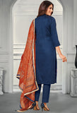 Navy Blue Jam Cotton Embroidered Salwar Suit Material