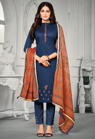 Navy Blue Jam Cotton Embroidered Salwar Suit Material