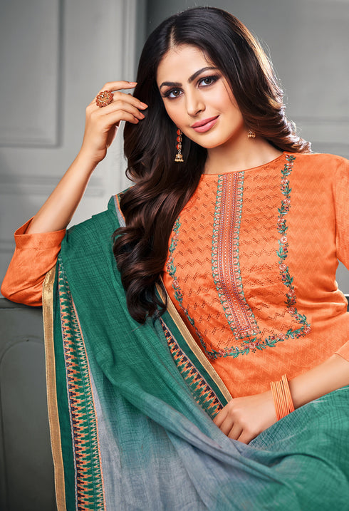 Orange Jam Cotton Embroidered Salwar Suit Material