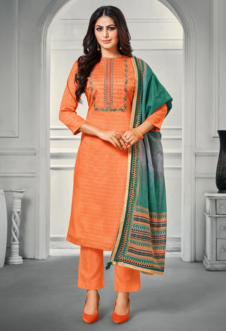 Orange Jam Cotton Embroidered Salwar Suit Material