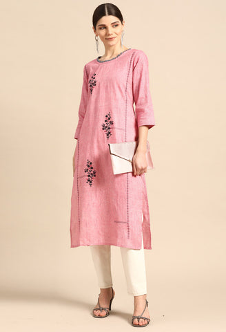 Pink Pure Cambric Cotton Embroidered Kurti