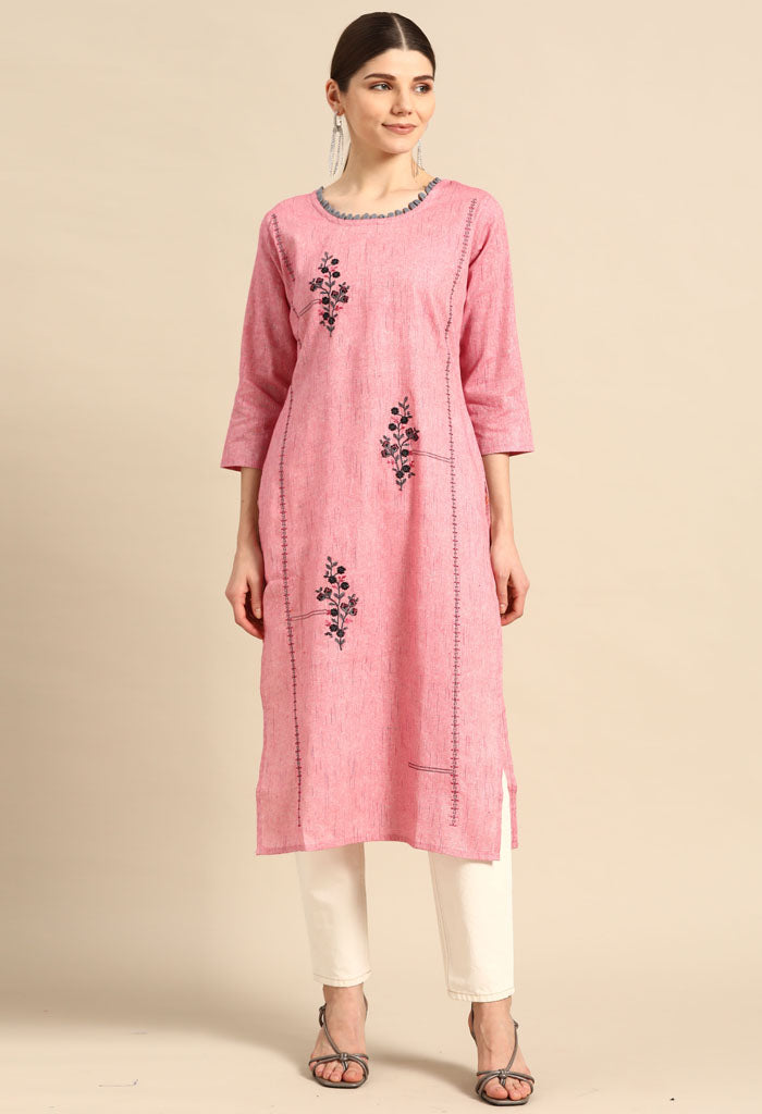 Pink Pure Cambric Cotton Embroidered Kurti
