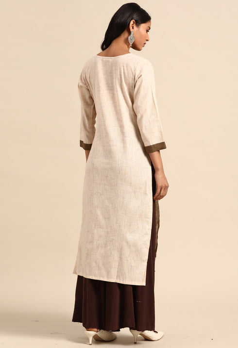 Beige Pure Cambric Cotton Embroidered Kurti