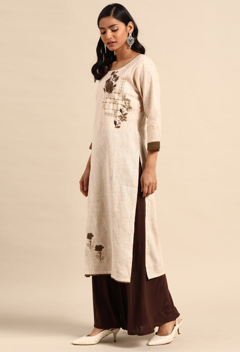 Beige Pure Cambric Cotton Embroidered Kurti