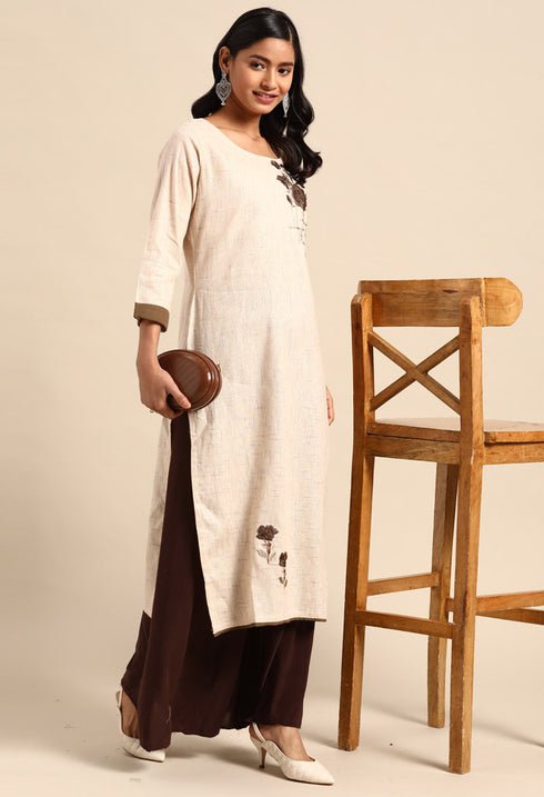 Beige Pure Cambric Cotton Embroidered Kurti