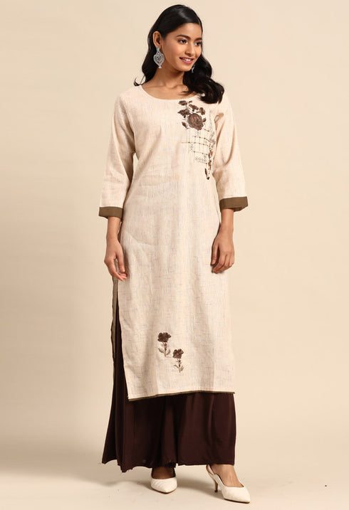 Beige Pure Cambric Cotton Embroidered Kurti