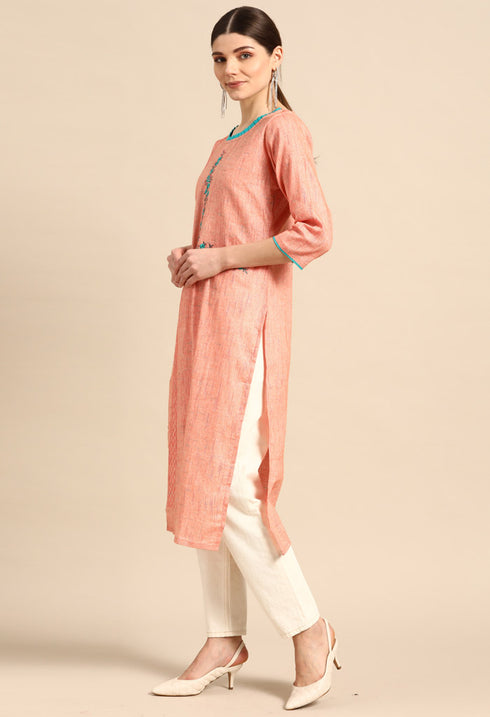Orange Pure Cambric Cotton Embroidered Kurti