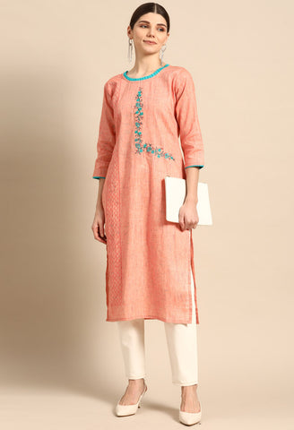 Orange Pure Cambric Cotton Embroidered Kurti