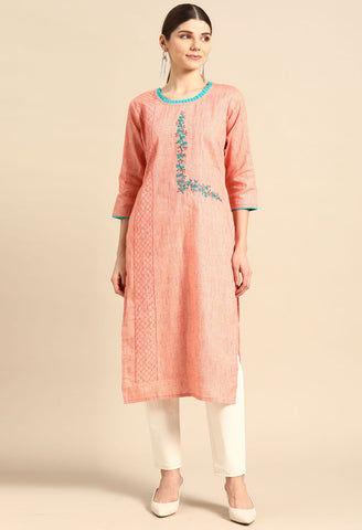 Orange Pure Cambric Cotton Embroidered Kurti