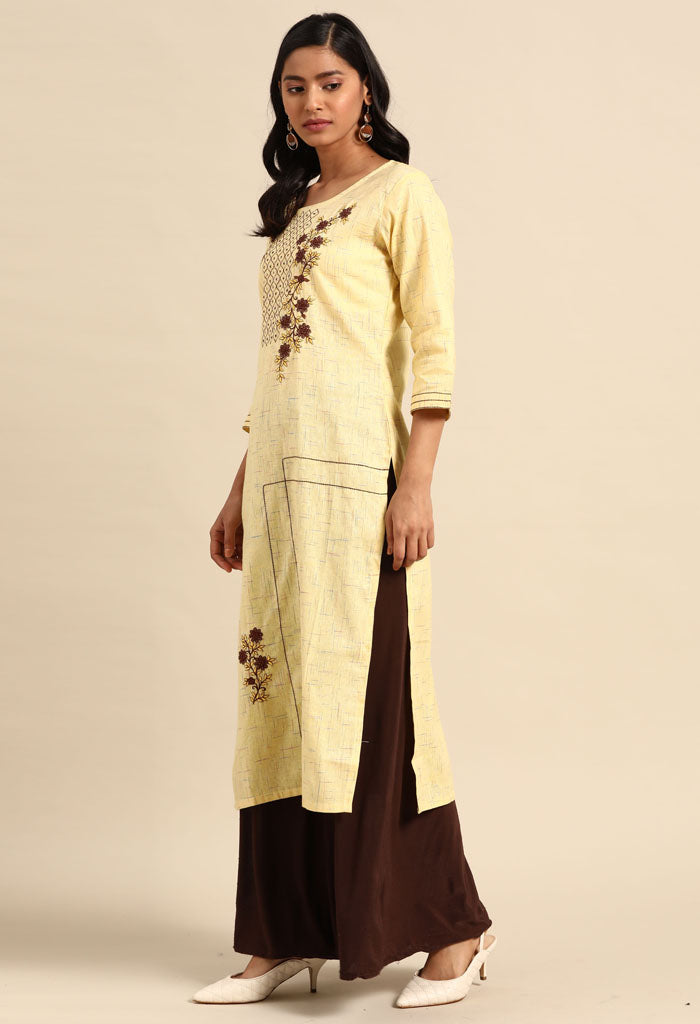 Yellow Pure Cambric Cotton Embroidered Kurti